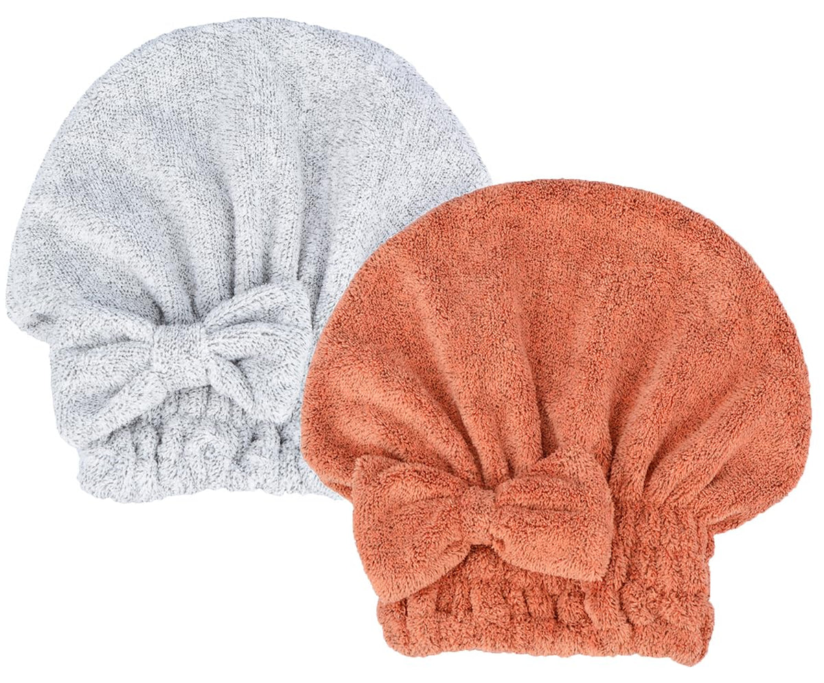 Microfiber Hair Drying Towels Head wrap with Bow-Knot Shower Cap Hair Turban hairWrap Bath Cap for Curly Short or Long & Wet Hair Gift for Women 2pack