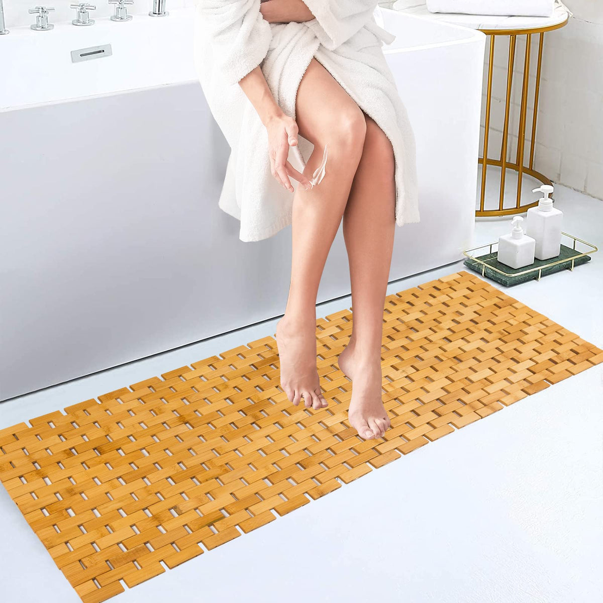 Rayon derived from Bamboo Bath Mat Bathroom Rugs Floor Wood Shower Bathtub Waterproof Non Slip Accessories 16x24 Inch Easy to Clean, Natural, 1 pc