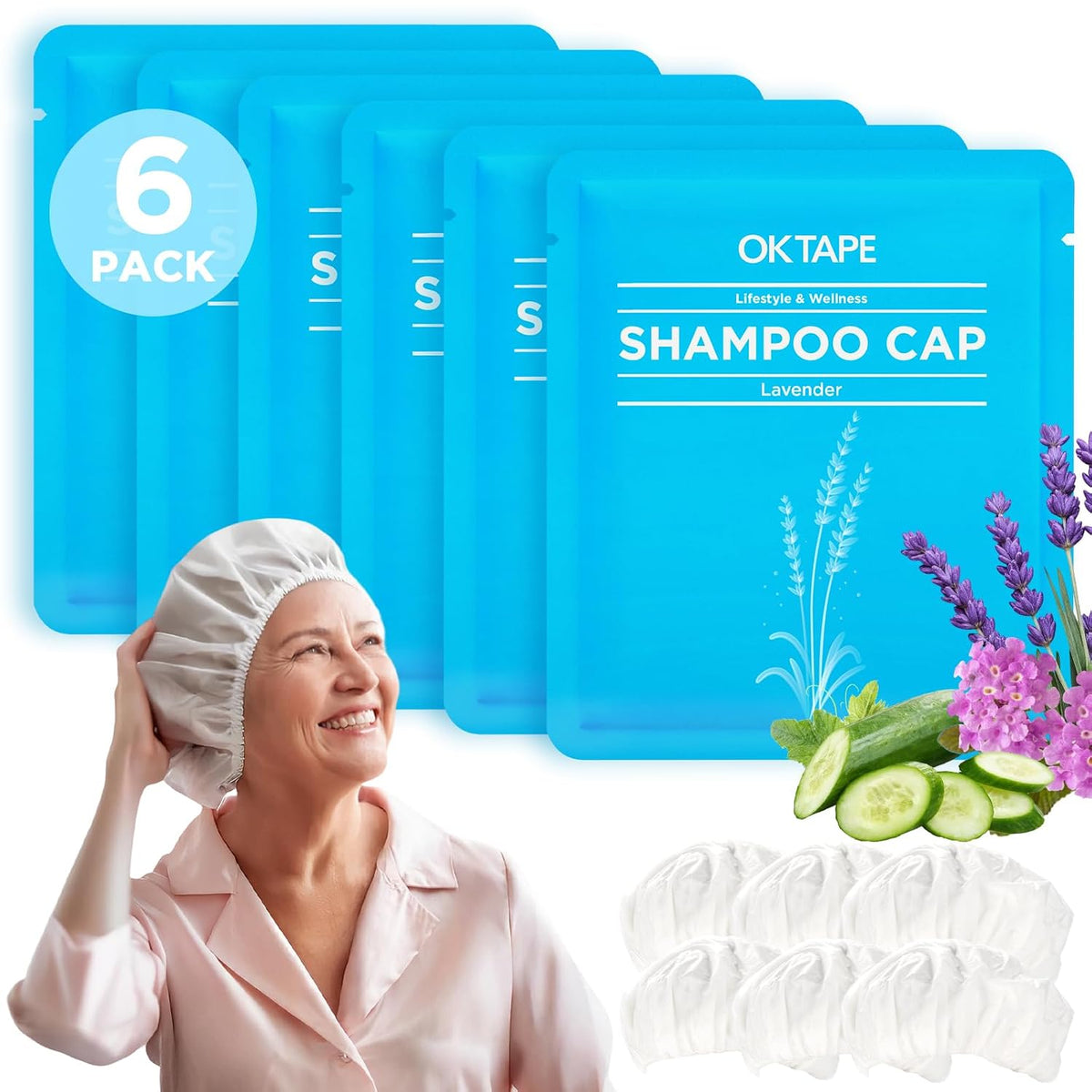 OK TAPE No Water Shampoo Caps (6 Pack) 3 Scents, Rinse Free Shower Cap