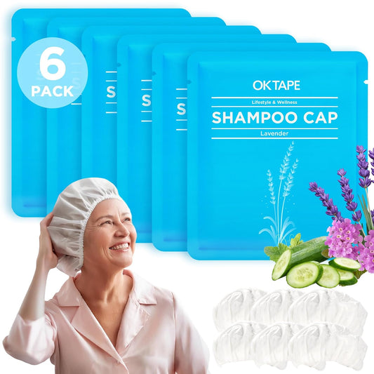 OK TAPE No Water Shampoo Caps (6 Pack) 3 Scents, Rinse Free Shower Cap