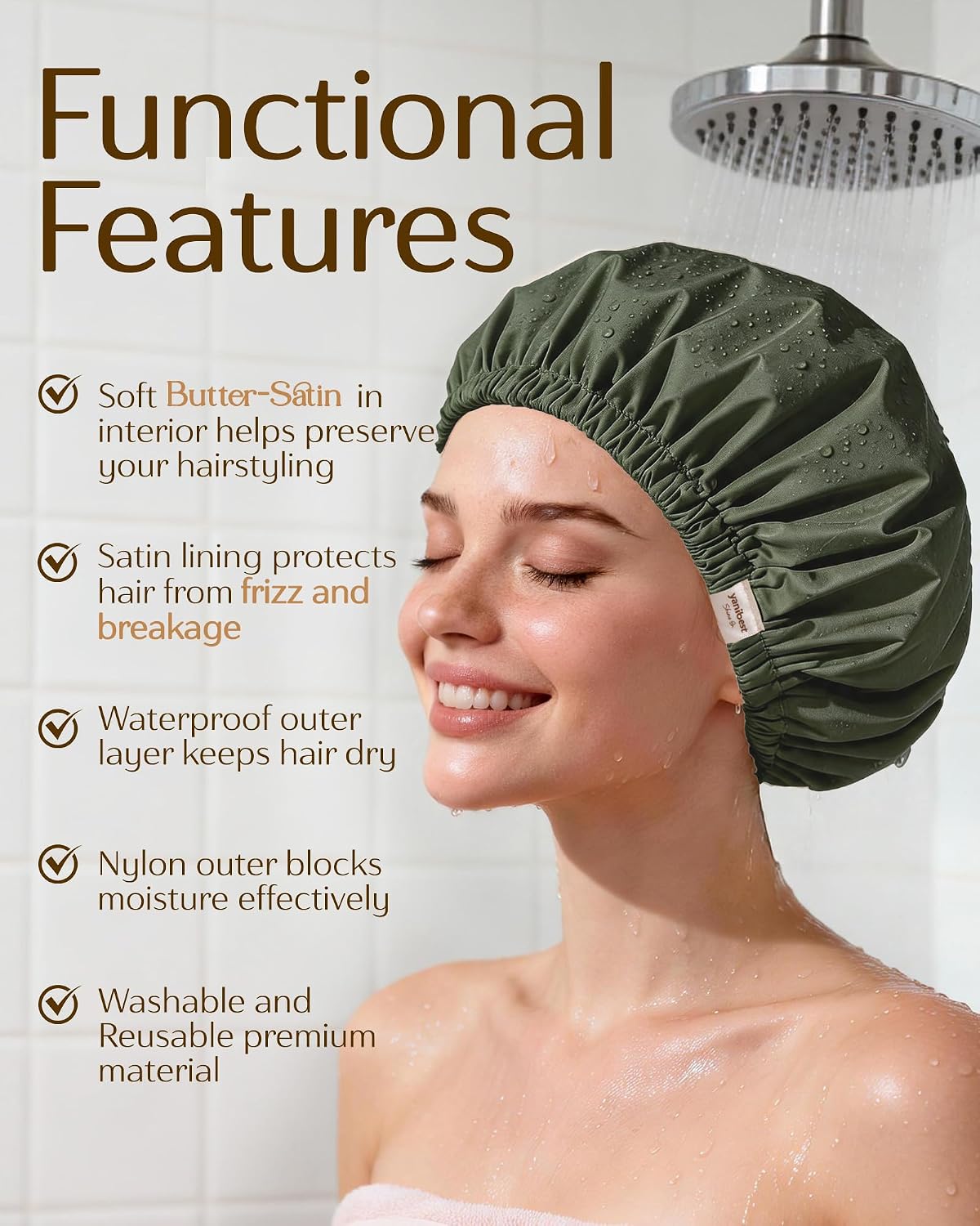 Yanibest Satin Lined Shower Cap, Shower Caps for Women Reusable Waterproof