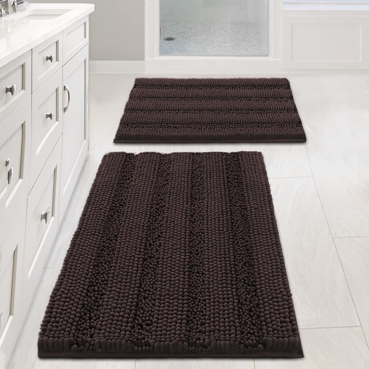 H.VERSAILTEX Grey Bathroom Rug Set Bath Mats, 2 Piece Bath Rugs Non Slip Thick Soft Chenille Striped Bath Rug Set, Bath Mats for Bathroom Sets (Grey, 20" x 32"/17" x 24")