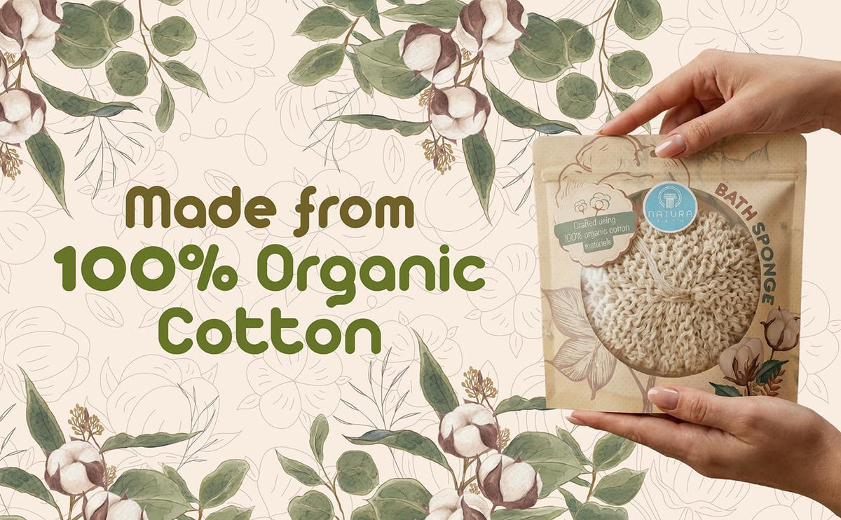 Organic Bath Sponge/Natura Bath Organic Cotton Bath Sponge – Ultra Soft Natural Body Sponge for Shower, Gentle Exfoliating Bath Sponge for Sensitive Skin, Reusable Eco-Friendly Shower Sponge