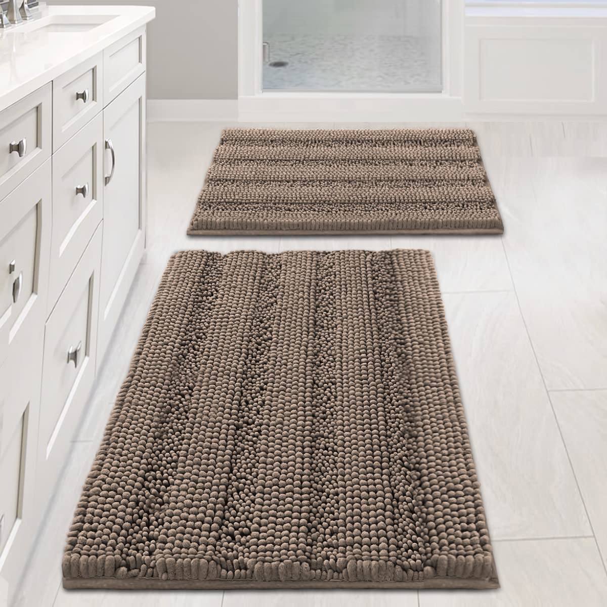 H.VERSAILTEX Grey Bathroom Rug Set Bath Mats, 2 Piece Bath Rugs Non Slip Thick Soft Chenille Striped Bath Rug Set, Bath Mats for Bathroom Sets (Grey, 20" x 32"/17" x 24")