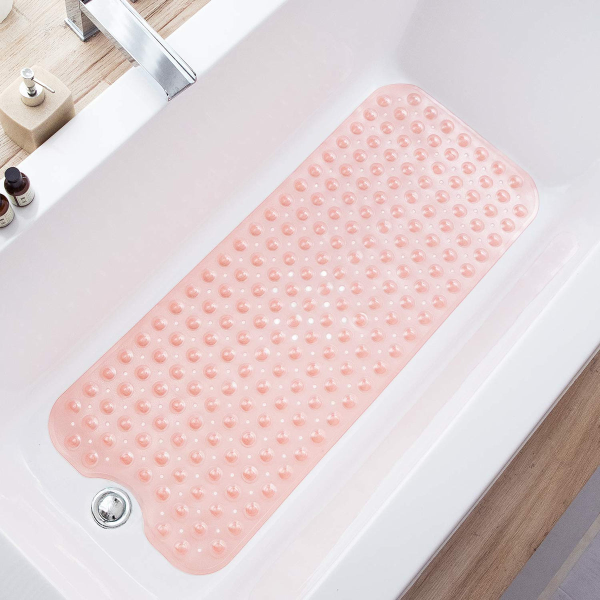 TEESHLY Bath Tub and Shower Mats, Non-Slip 39 x 16 Inch Extra Long Bathtub Mat, Machine Washable BathMat with Drain Holes, Suction Cups for Bathroom (Opaque White)