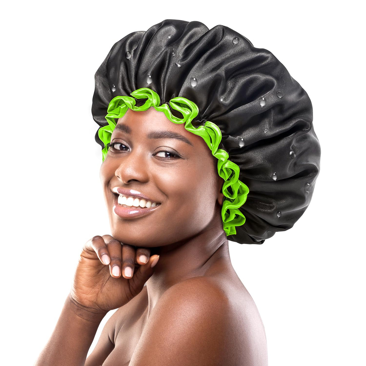 mikimini Extra Large Black Shower Caps Pack of 2 for Women and Men Thick Long Hair Braids, Reusable Waterproof Double Layers XL Bathing Hair Cap with Vibrant Orange Edge (Black)