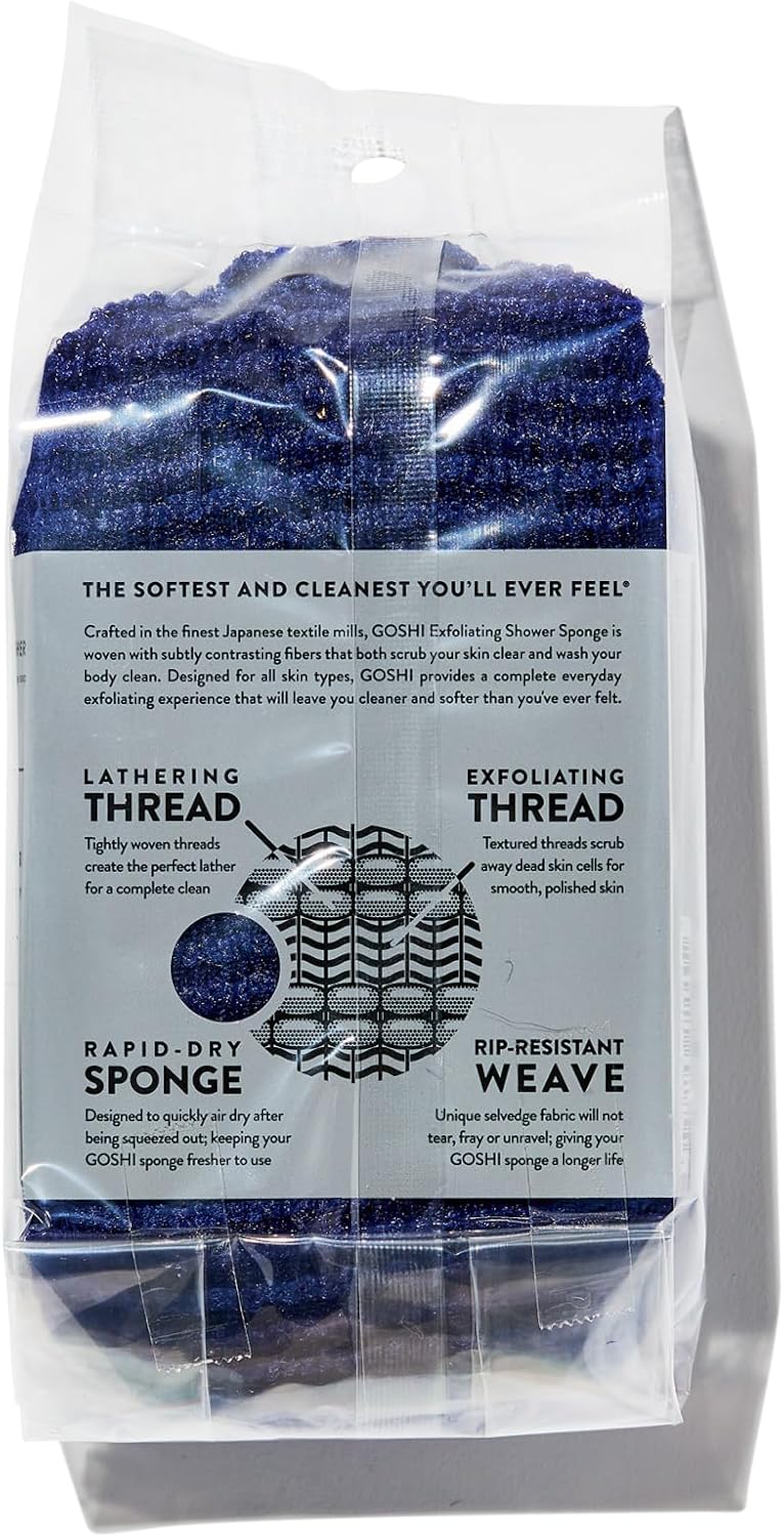 GOSHI Exfoliating Shower Sponge - Rip-Resistant, Rapid-Drying Exfoliating Bath Sponge for All Skin Types - Indigo Blue - Made in Japan