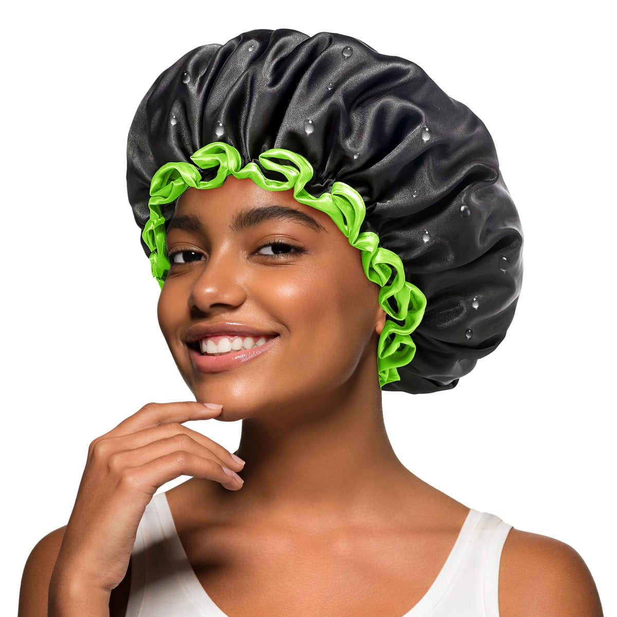 mikimini Extra Large Black Shower Caps Pack of 2 for Women and Men Thick Long Hair Braids, Reusable Waterproof Double Layers XL Bathing Hair Cap with Vibrant Orange Edge (Black)