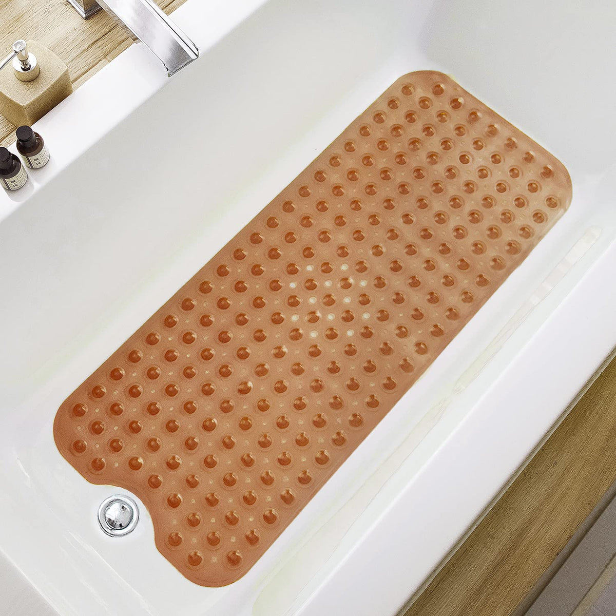 TEESHLY Bath Tub and Shower Mats, Non-Slip 39 x 16 Inch Extra Long Bathtub Mat, Machine Washable BathMat with Drain Holes, Suction Cups for Bathroom (Opaque White)