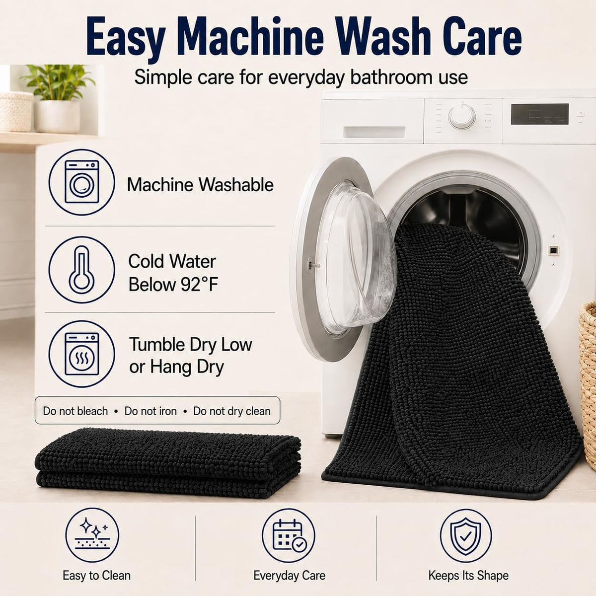 RUN HELIX Bathroom Rugs Set 2 Piece Thick Chenille Bath Mats, Soft Quick Dry Plush Absorbent Bath Rugs with Non-Slip PVC Backing, 32x20+24x16 Inch Black