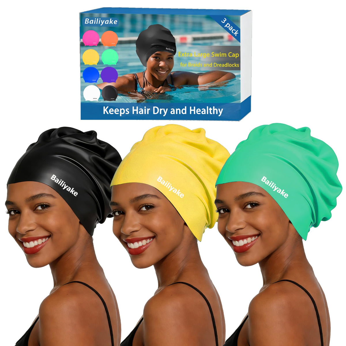 3 Pack Extra Large Swim Cap for Braids & Dreadlocks - Waterproof Silicone Swim Hat for Women with Long Thick Hair, Protective Swim Cap Cover Ears for Swimming, Shower, Bathing
