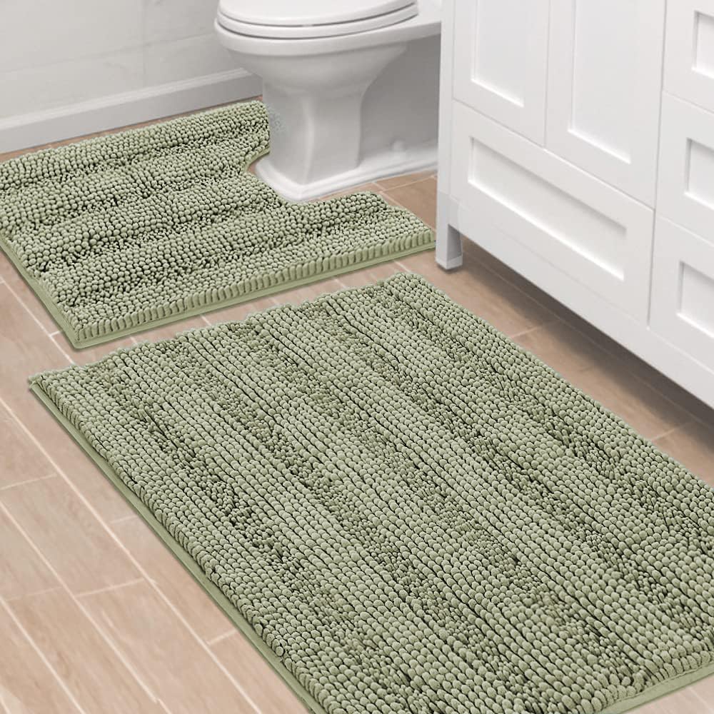 H.VERSAILTEX Grey Bathroom Rug Set Bath Mats, 2 Piece Bath Rugs Non Slip Thick Soft Chenille Striped Bath Rug Set, Bath Mats for Bathroom Sets (Grey, 20" x 32"/17" x 24")