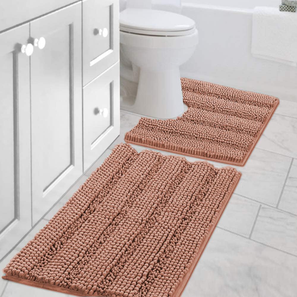 H.VERSAILTEX Grey Bathroom Rug Set Bath Mats, 2 Piece Bath Rugs Non Slip Thick Soft Chenille Striped Bath Rug Set, Bath Mats for Bathroom Sets (Grey, 20" x 32"/17" x 24")