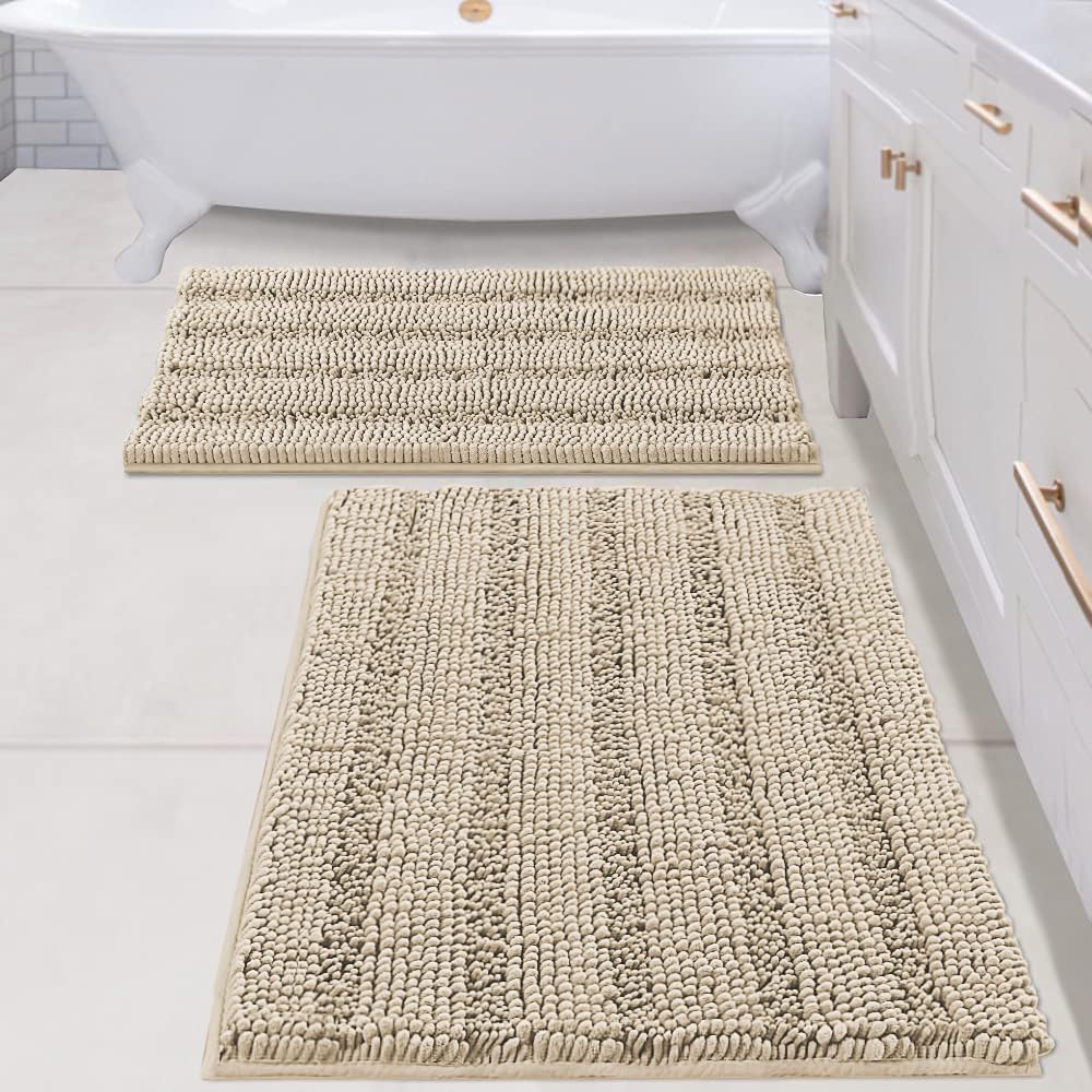 H.VERSAILTEX Grey Bathroom Rug Set Bath Mats, 2 Piece Bath Rugs Non Slip Thick Soft Chenille Striped Bath Rug Set, Bath Mats for Bathroom Sets (Grey, 20" x 32"/17" x 24")