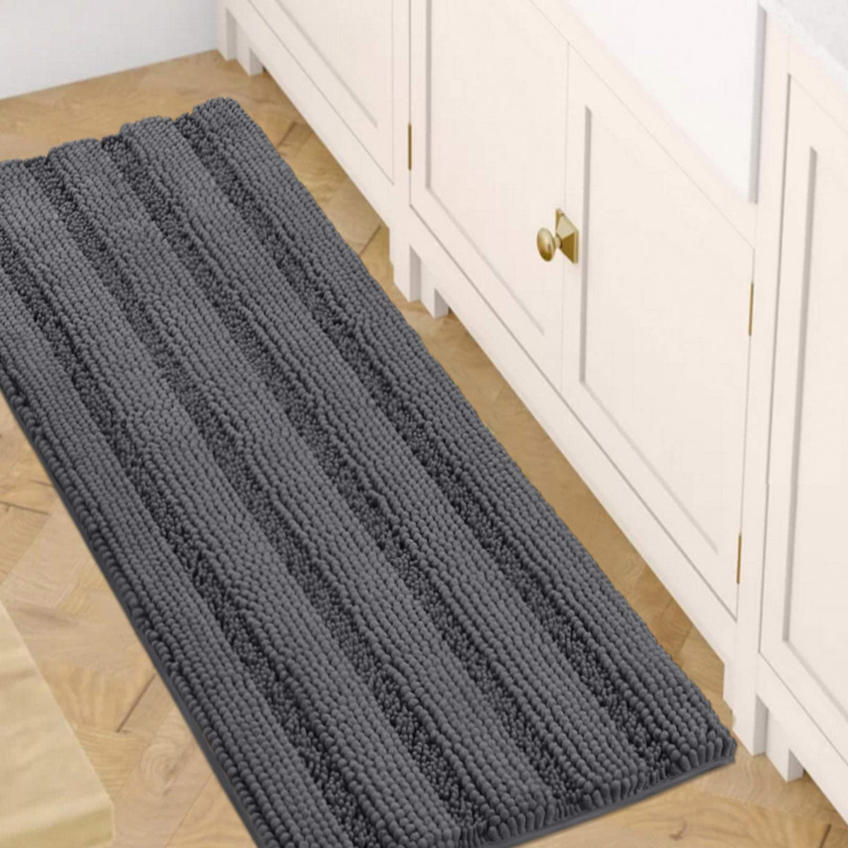 H.VERSAILTEX Grey Bathroom Rug Set Bath Mats, 2 Piece Bath Rugs Non Slip Thick Soft Chenille Striped Bath Rug Set, Bath Mats for Bathroom Sets (Grey, 20" x 32"/17" x 24")