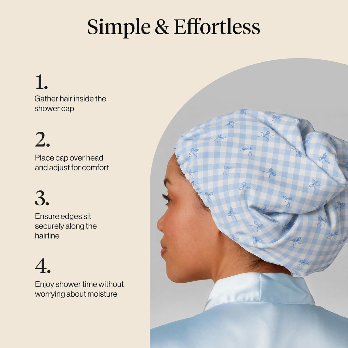 Kitsch Luxury Satin-Lined Flexi Shower Cap for Women - Gingham Blue