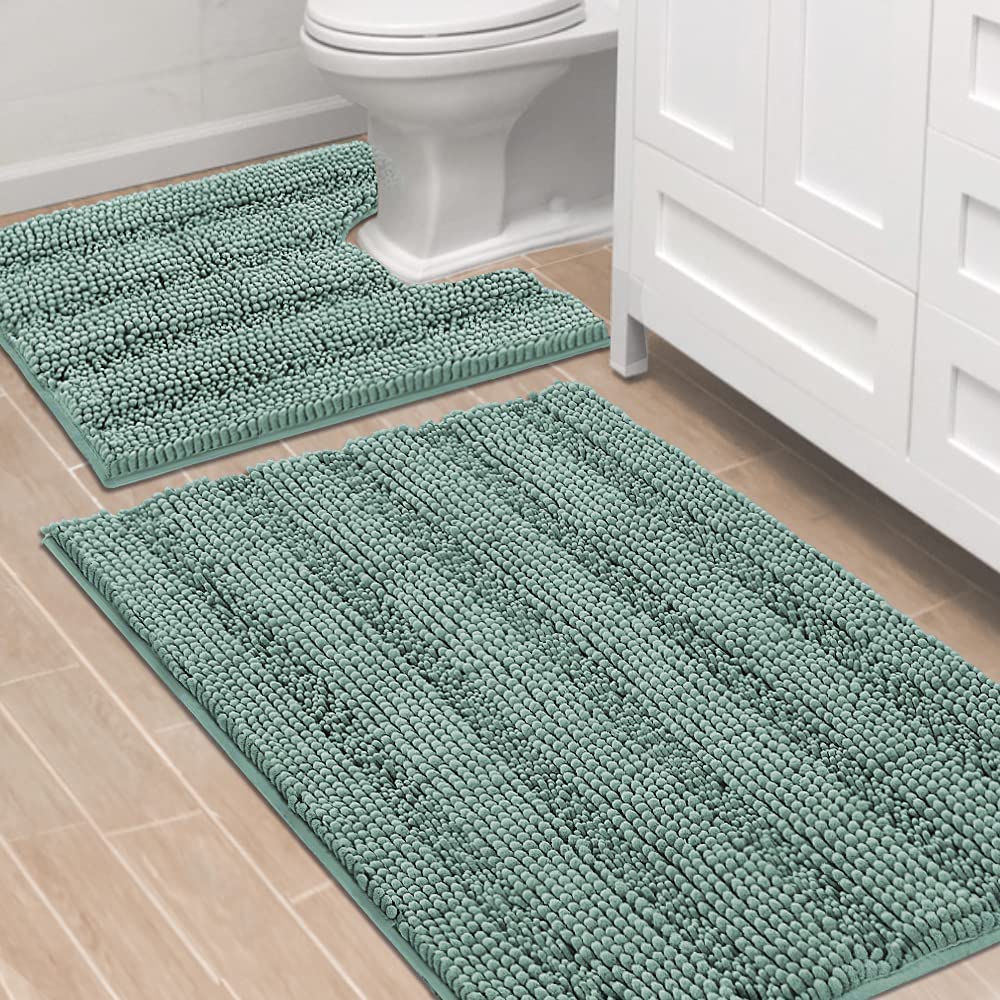 H.VERSAILTEX Grey Bathroom Rug Set Bath Mats, 2 Piece Bath Rugs Non Slip Thick Soft Chenille Striped Bath Rug Set, Bath Mats for Bathroom Sets (Grey, 20" x 32"/17" x 24")