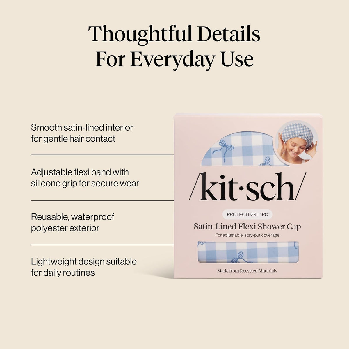 Kitsch Luxury Satin-Lined Flexi Shower Cap for Women - Gingham Blue