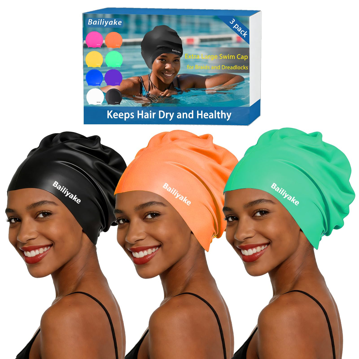 3 Pack Extra Large Swim Cap for Braids & Dreadlocks - Waterproof Silicone Swim Hat for Women with Long Thick Hair, Protective Swim Cap Cover Ears for Swimming, Shower, Bathing