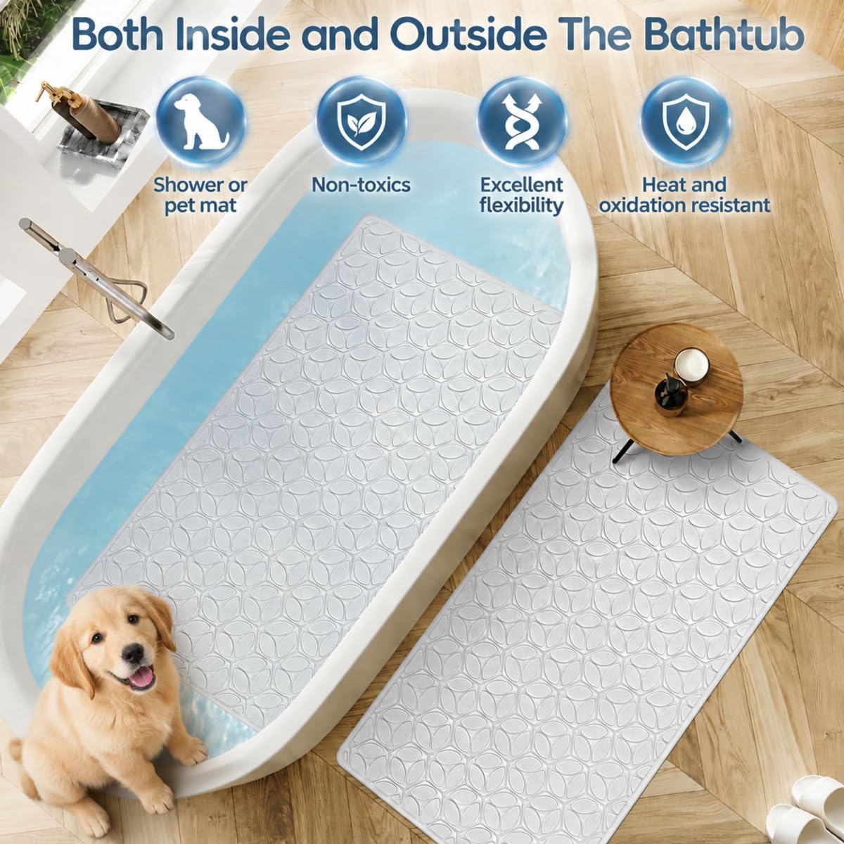 Non-Slip Rubber Bathtub Mat with Suction Cups, 16 × 28 Inch (White)