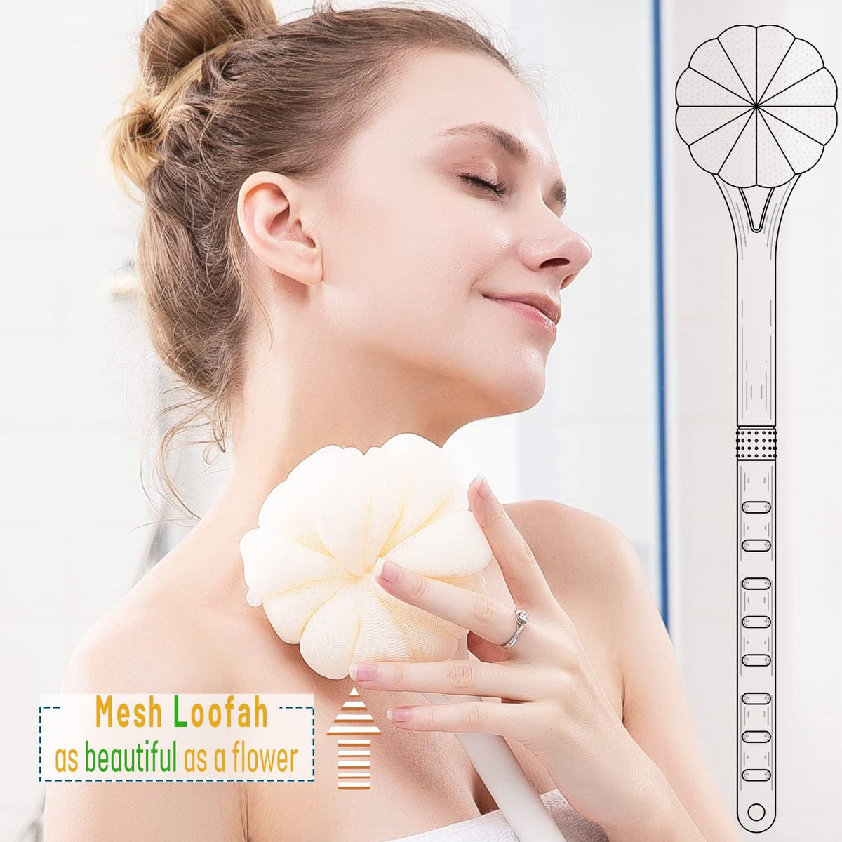 Shower Body Brush,Soft Bristles & Loofah Back Scrubber Bath Mesh Sponge