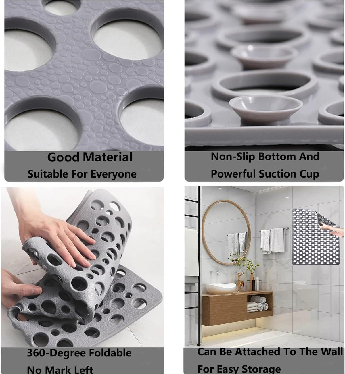 Casa and Beyond Shower Mat,Non Slip Bath Mat and Shower Mat with Suction Cups and Drain Holes,Bathroom Mat Easy to Clean Soft Machine Washable,Bathtub Mat Easy Dry&Cut (Gray,28" x 15"(Rectangular))