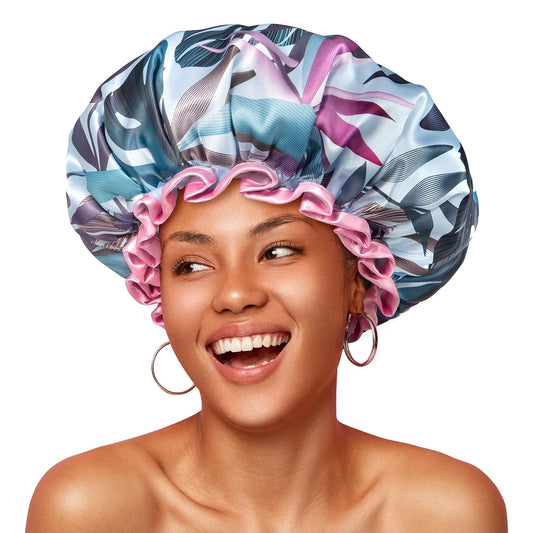 mikimini Large Shower Cap for Women, Adjustable, Tropic Style, 2 Pcs