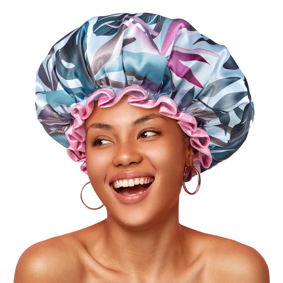 mikimini Large Shower Cap for Women, Adjustable, Tropic Style, 2 Pcs