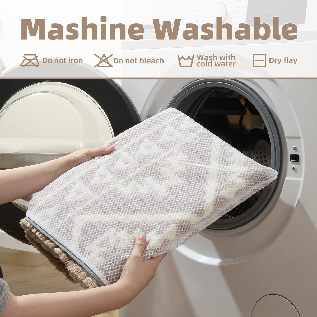 PADOOR-Waffle Bath Mat-Super Absorbent Bath Mats for Bathroom, Machine Washable Non Slip Bathroom Rug with Tassels, Soft Bathroom Mat for Laundry Room, Bedroom, Brown & Cream, 17"x28"