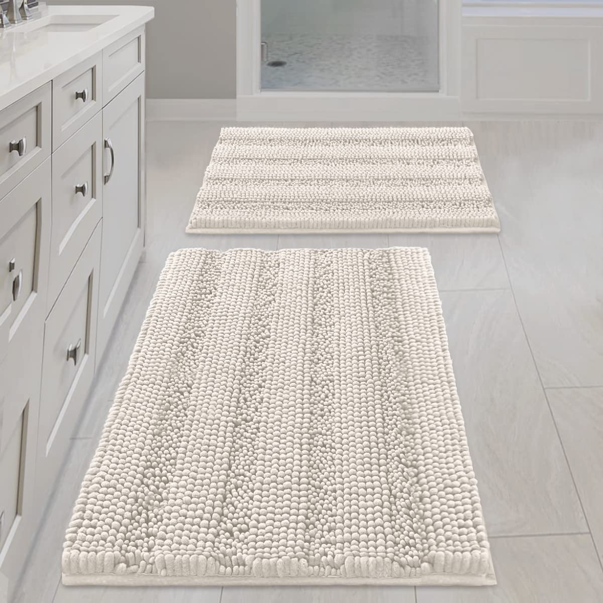 H.VERSAILTEX Grey Bathroom Rug Set Bath Mats, 2 Piece Bath Rugs Non Slip Thick Soft Chenille Striped Bath Rug Set, Bath Mats for Bathroom Sets (Grey, 20" x 32"/17" x 24")