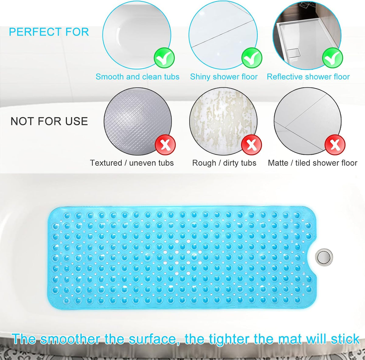 Upgrade Baby Bath Mat Non Slip Extra Long Bathtub Mat for Kids 40 X 16 Inch - Eco Friendly Bath Tub Mat with 200 Big Suction Cups,Machine Washable Shower Mat,Blue