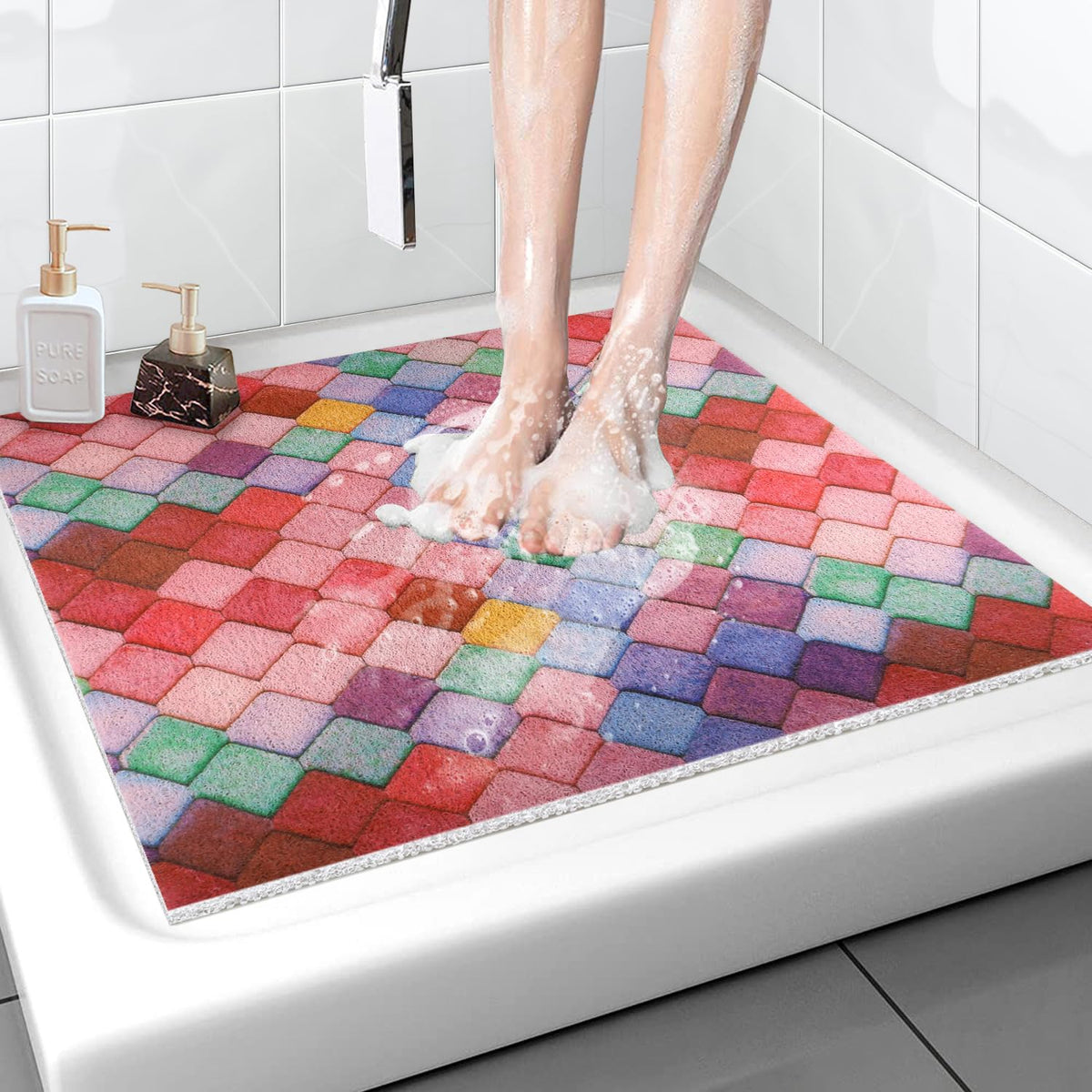 Shower Mat Non-Slip, Soft Comfort Bath Mat with Drainage Holes, PVC Loofah Massage Bathtub Mat for Shower, Tub, Bathroom, Wet Areas, Quick Drying