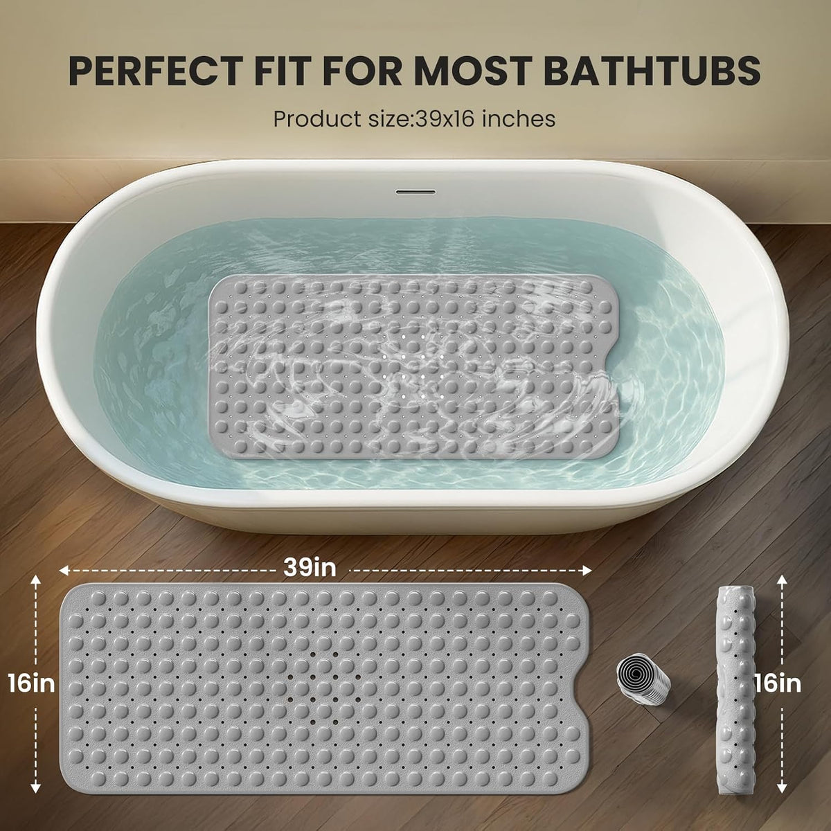 Non-Slip Bath Tub Mat, 39x16 Inch Extra Large Shower Mat with Drain Holes & Suction Cups, Machine Washable, Pink