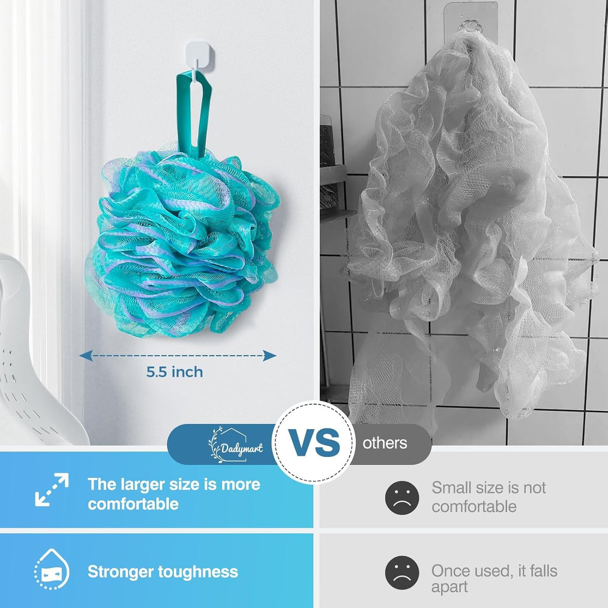 DadyMart Shower Loofah Sponge Pouf – XL Exfoliating Bath Puff Body Scrubber, Soft Mesh Shower Sponge with Reinforced Knot, Rich Lather, Set of 4 for Women and Men
