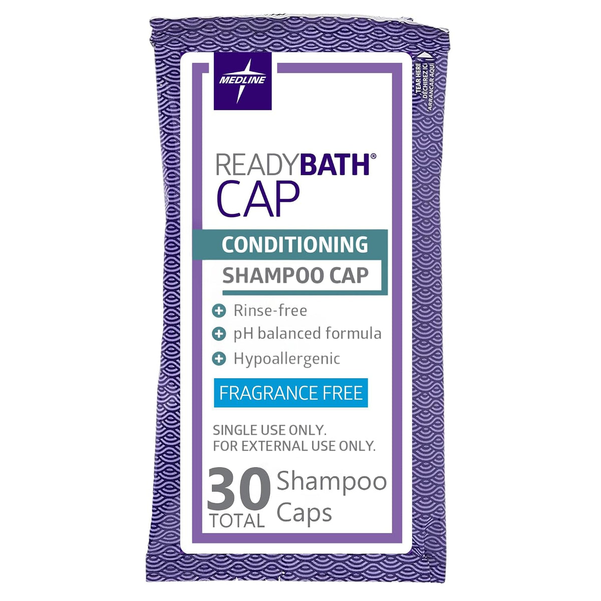Medline ReadyBath Unscented Rinse-Free Shampoo Cap with Conditioner, 30 Count