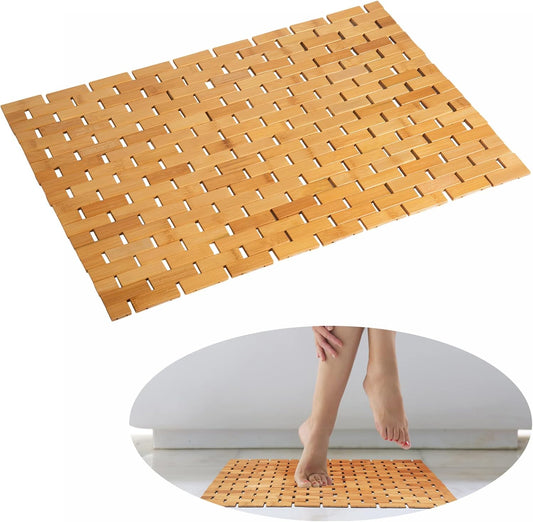 Rayon derived from Bamboo Bath Mat Bathroom Rugs Floor Wood Shower Bathtub Waterproof Non Slip Accessories 16x24 Inch Easy to Clean, Natural, 1 pc