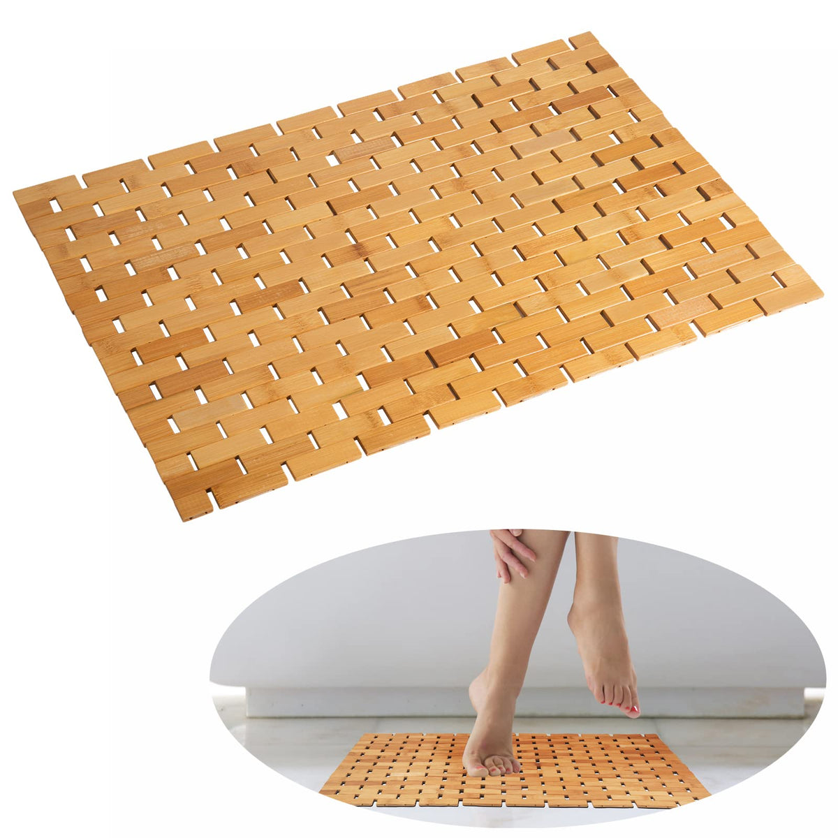 Rayon derived from Bamboo Bath Mat Bathroom Rugs Floor Wood Shower Bathtub Waterproof Non Slip Accessories 16x24 Inch Easy to Clean, Natural, 1 pc