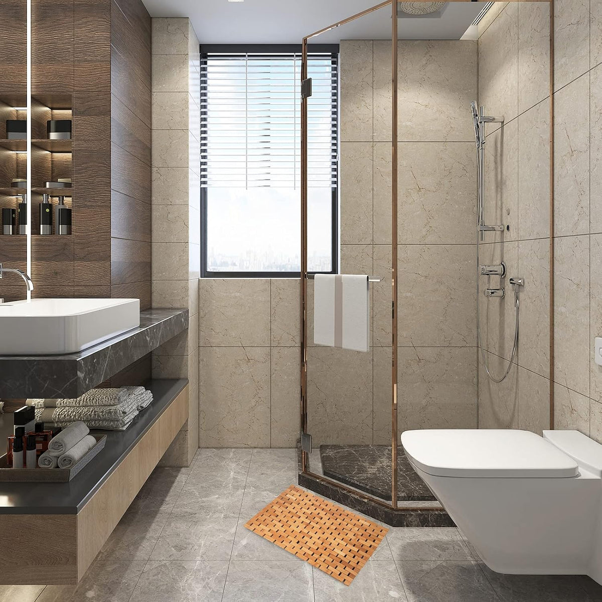 Rayon derived from Bamboo Bath Mat Bathroom Rugs Floor Wood Shower Bathtub Waterproof Non Slip Accessories 16x24 Inch Easy to Clean, Natural, 1 pc