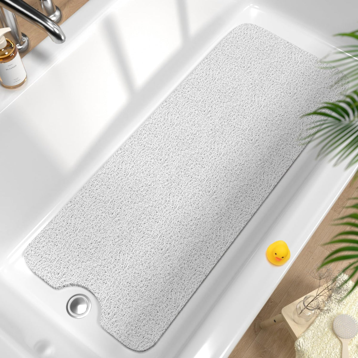 HITSLAM Non Slip Bathtub Mat 40 x 16 Inch, Extra Long Bath Mat for Tub, Soft PVC Loofah Shower Floor Mat with Drain, Quick Drying Bathroom Tub Mat for Wet Area, Without Suction Cup, Grey