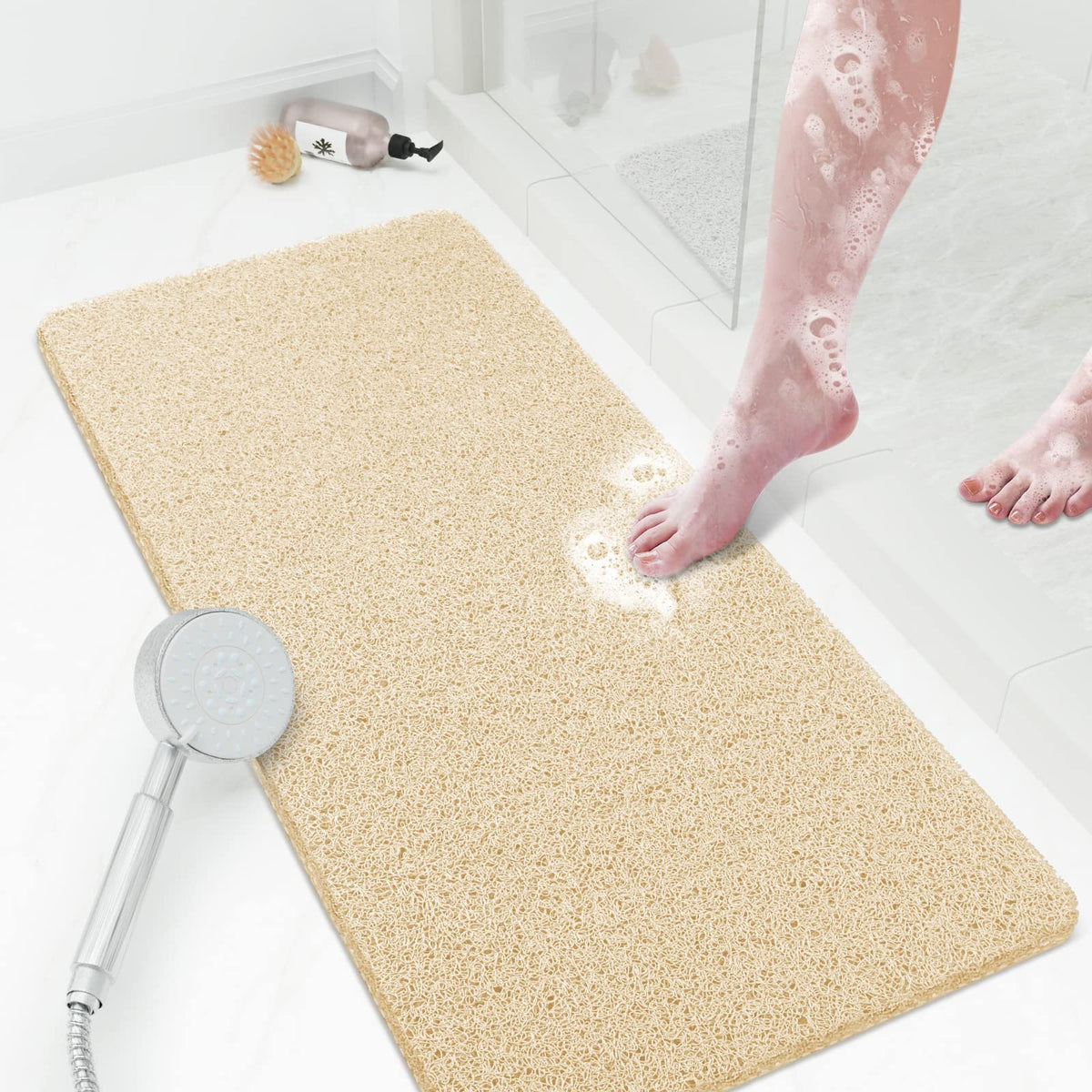 Shower Mat Bathtub Mat Non-Slip,24x16 inch, Soft Tub Mat with Drain,PVC Loofah Bath Mat (Phthalate Free) for Tub and Bathroom,Quick Drying,Black