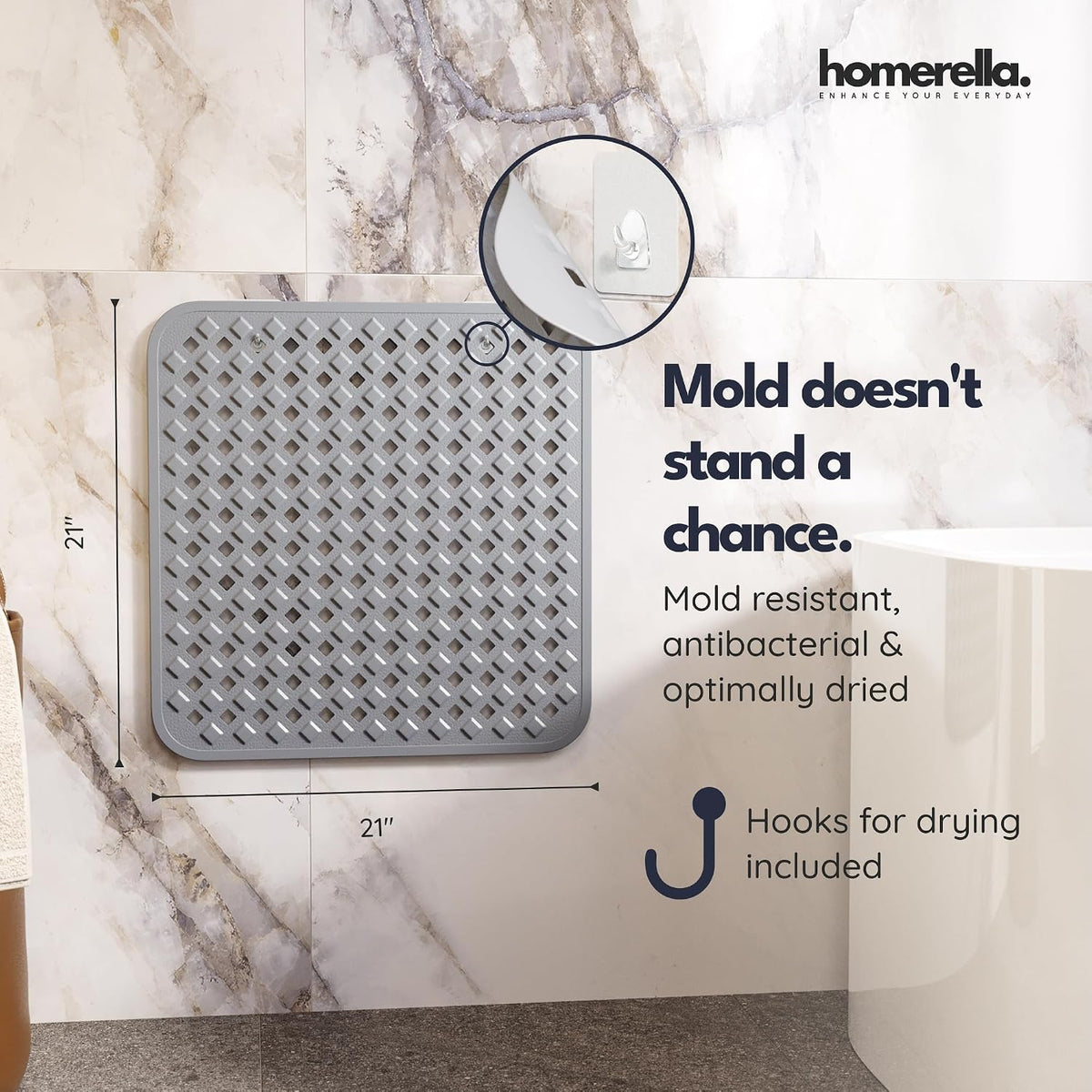 homerella Square Shower Mat Non Slip Anti Mold 21x21 Anti Slip Shower Mat