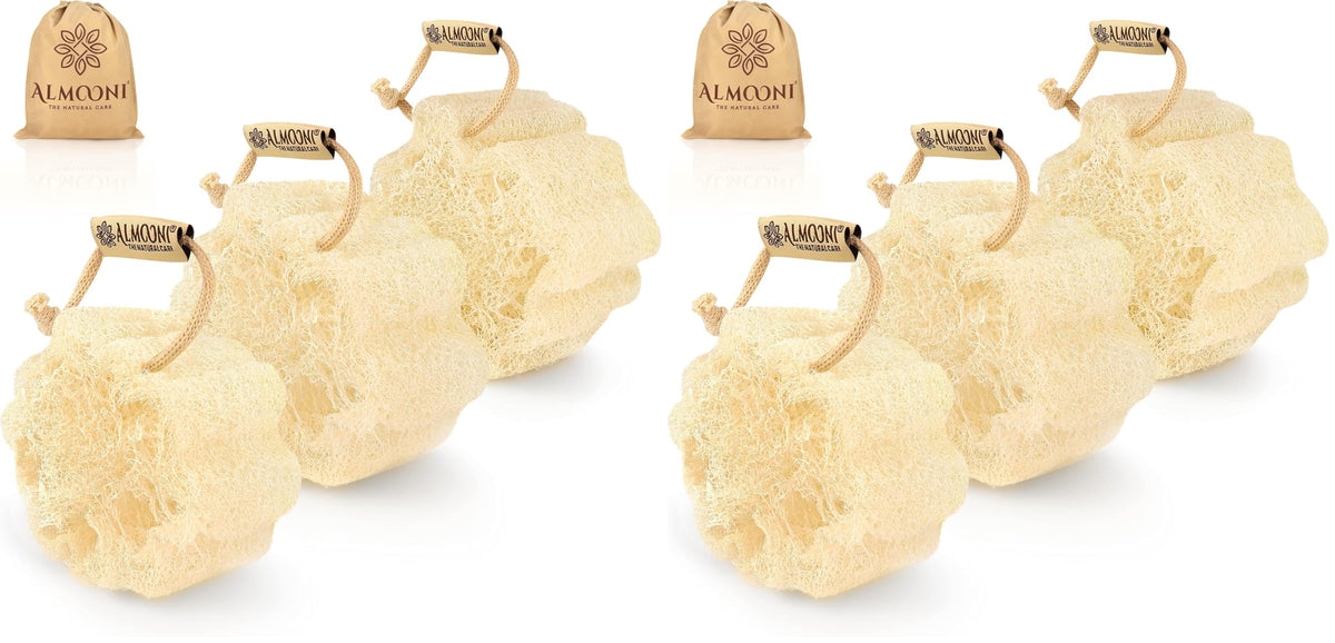 ALMOONI Mini Natural Loofah Sponge, Egyptian Shower Sponge, 3 Count