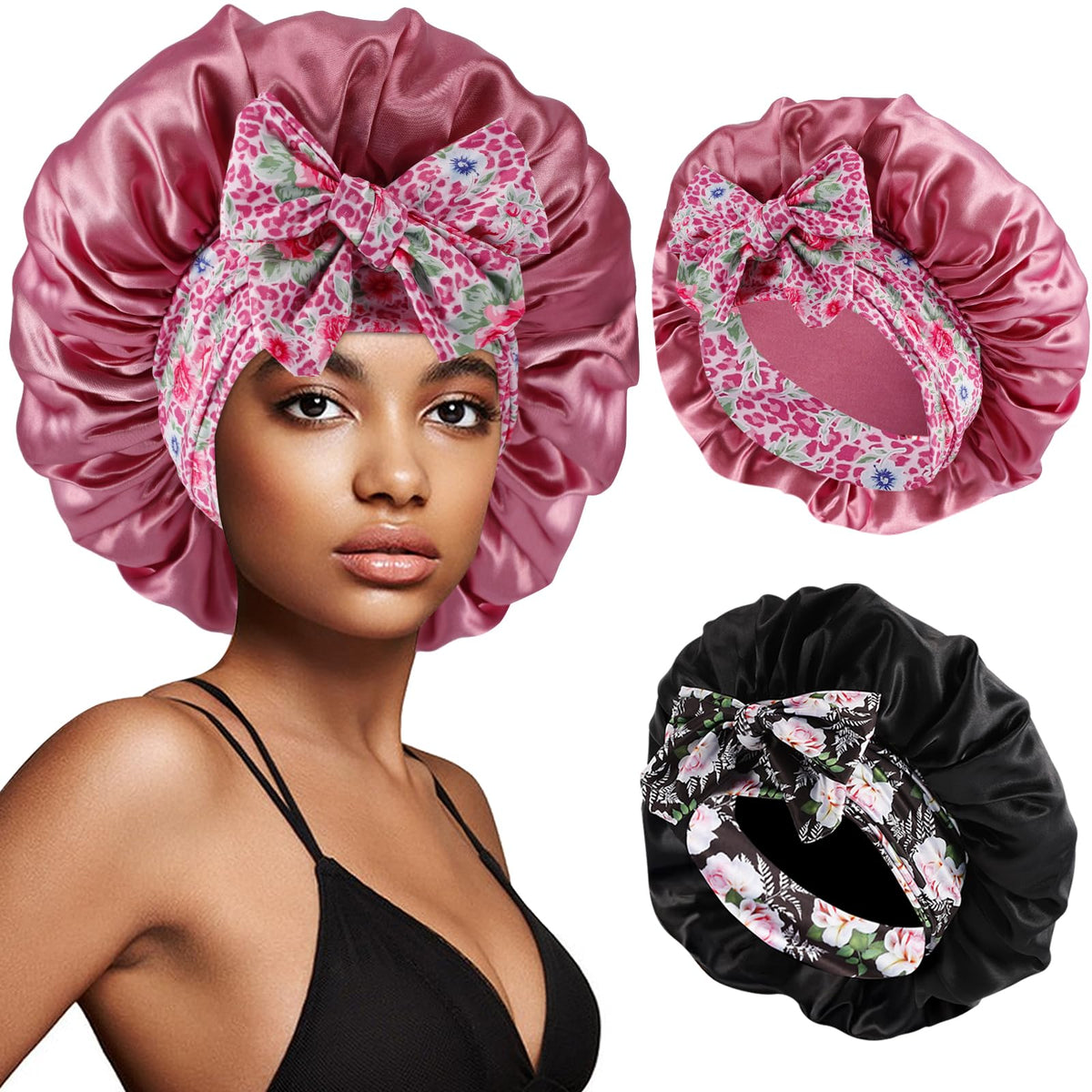 2Pcs Satin Bonnet with Tie Band for Sleeping, Champagne Gold+Black