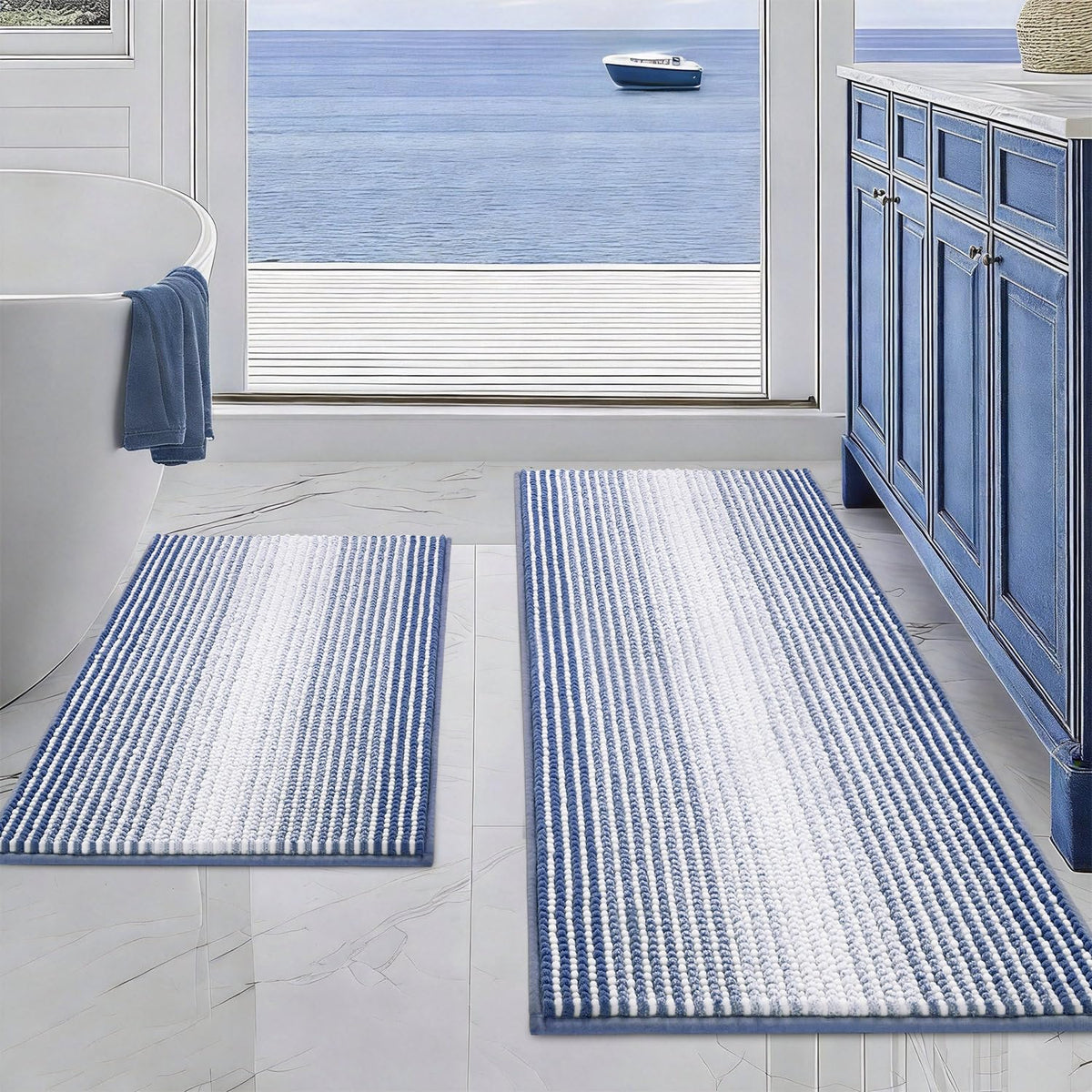 BSICPRO Bathroom Rugs Sets 2 Piece, Non Slip Striped Bath Mats, Fog Blue
