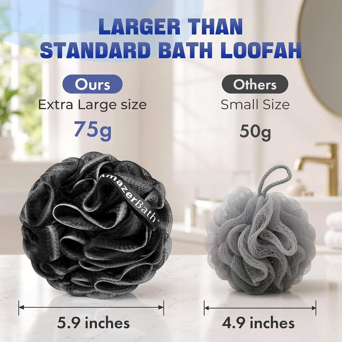 AmazerBath Loofah Sponge 75g/Piece, Loofah for Men Body Scrubber - Bath Sponge Loofa Set of 4 Black (Large)