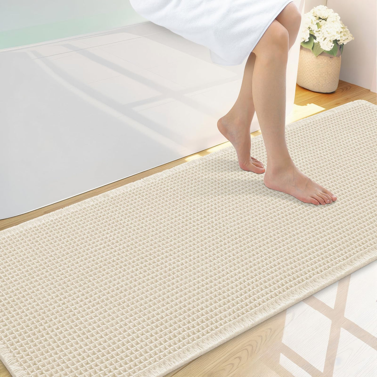 Smiry Waffle Bath Mat 24X16, Soft Absorbent Bathroom Rugs, Brown & Cream