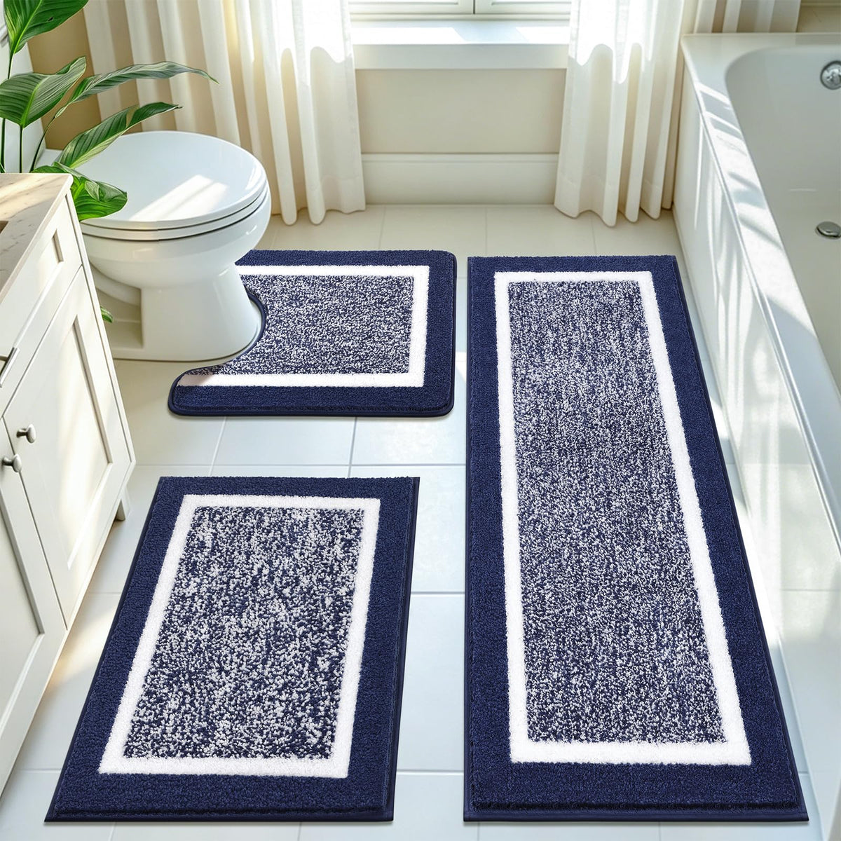 Pauwer Bathroom Rugs 3 Piece Set, Non Slip Washable Bath Mat, Dark Grey