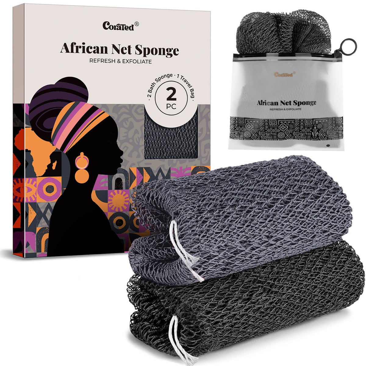 CORATED African Net Sponge Authentic, Shower Loofah Exfoliating Bath Sponge