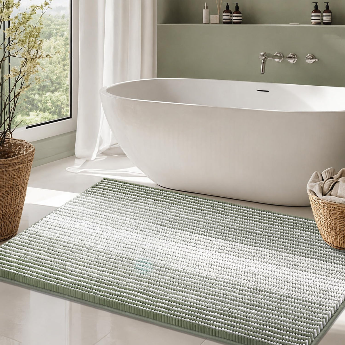 BSICPRO Bathroom Rugs Sets 2 Piece, Non Slip Striped Bath Mats, Fog Blue