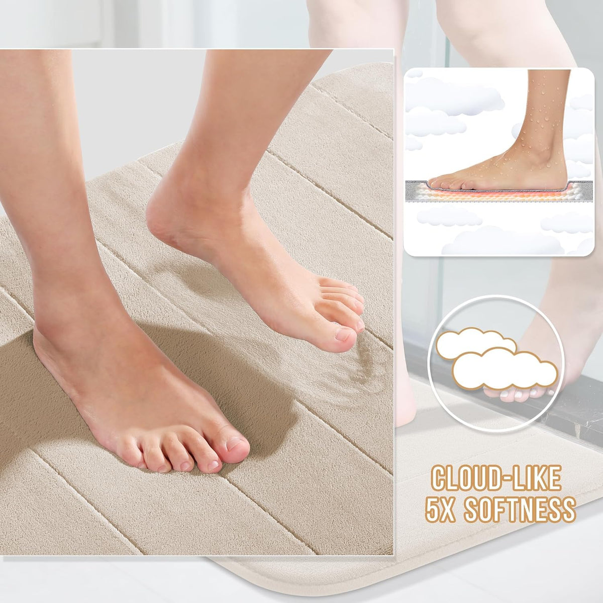 Yimobra Memory Foam Bath Mat, Super Soft Absorbent Bathroom Rug Non Slip 31.5x20 Inch, Quick Dry, Machine Washable Floor Carpet for Tub Shower, Home Decor Accessories, Beige